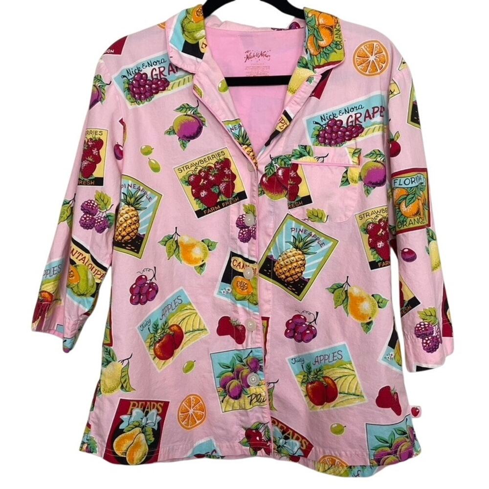 Nick & Nora Fruit Basket Pink Pajama Top Button Up Size Medium 100% Cotton